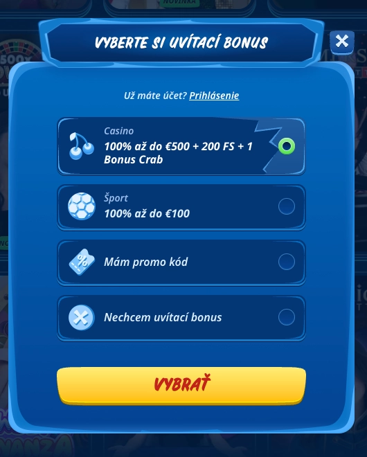 Vytvorte si účet v SGCasino a získajte uvítací bonus Registrácia účtu v SGCasino s výberom uvítacieho bonusu